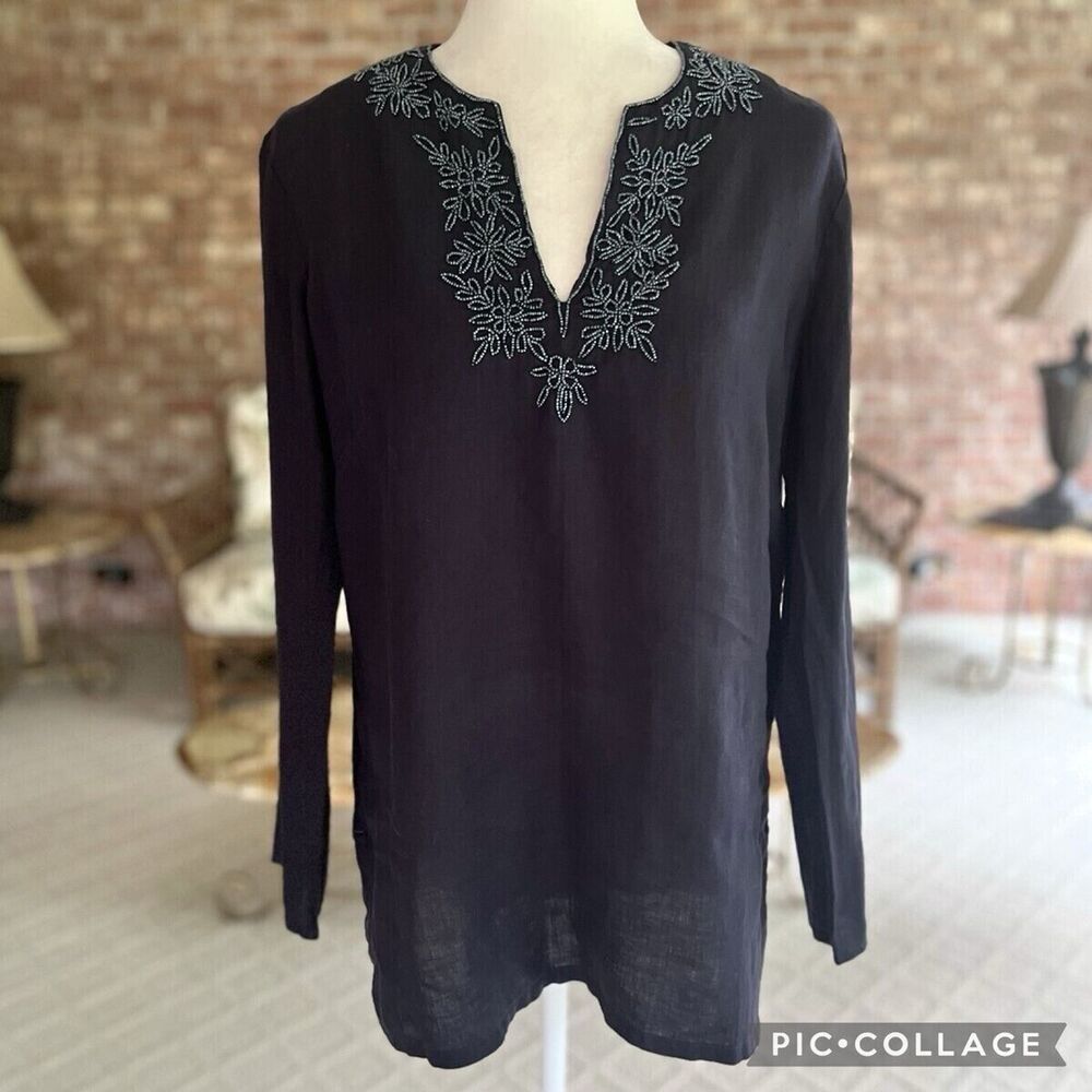 LANDS END Women’s Large 100% Linen Beaded Neckline Popover Tunic Top Bust Navy